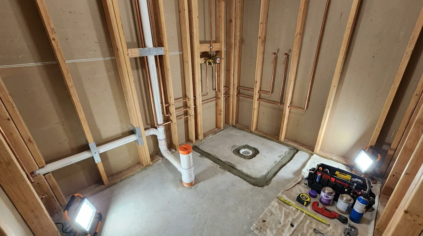 Bathroom rough-in plumbing during remodel by Johns Plumbing LLC in Festus