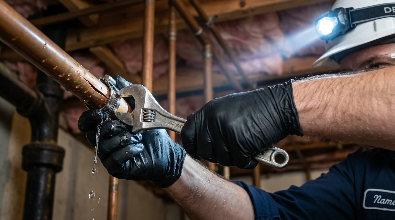 Emergency pipe clamp repair being performed by a Johns Plumbing LLC plumber in Festus