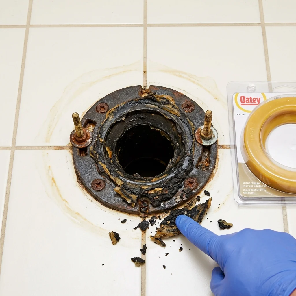 Failed wax ring showing water seepage at the base of a toilet in a Festus, MO home