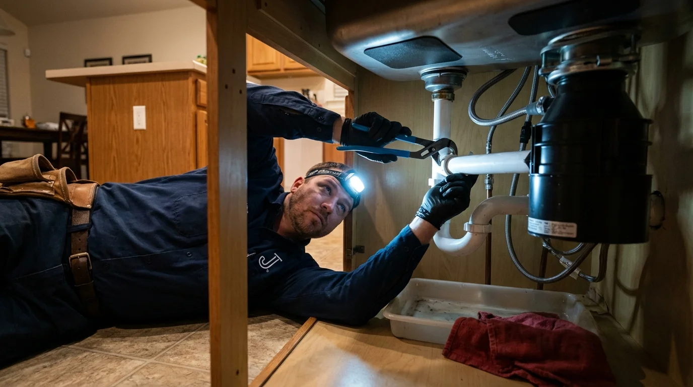 P-trap and supply line connections under a kitchen sink showing a common leak point in Festus, MO